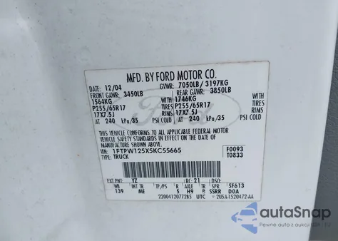 2005 Ford F150 Lariat/Xlt from USA, damaged, VIN 1FTPW125X5KC55665